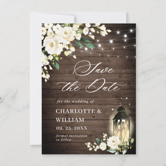 White Roses Rustic Wood Lantern Wedding Save The Date (Voorkant)