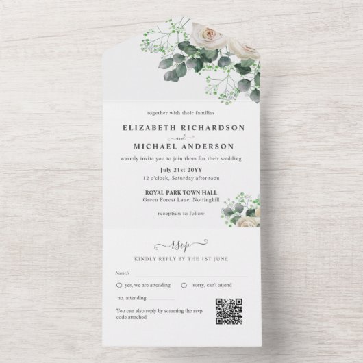 White Roses Sage Eucalyptus Leaves Weduwbudget All In One Uitnodiging (Binnen)