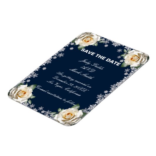 White Roses Snowflake Christmas Bewaar de datum Magneet (Linkerzijde)