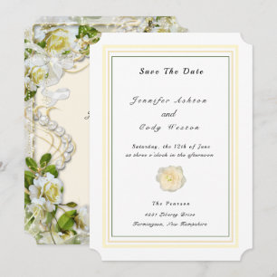 White Roses Sparkle Pearls personaliseren Wedding Save The Date