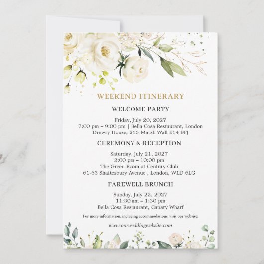 White Roses Wedding Weekend Itinerary Uitnodiging (Voorkant)