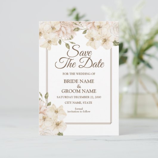 White roze Floral Lijst Moderne bruiloft Save The Date (Staand voorkant)