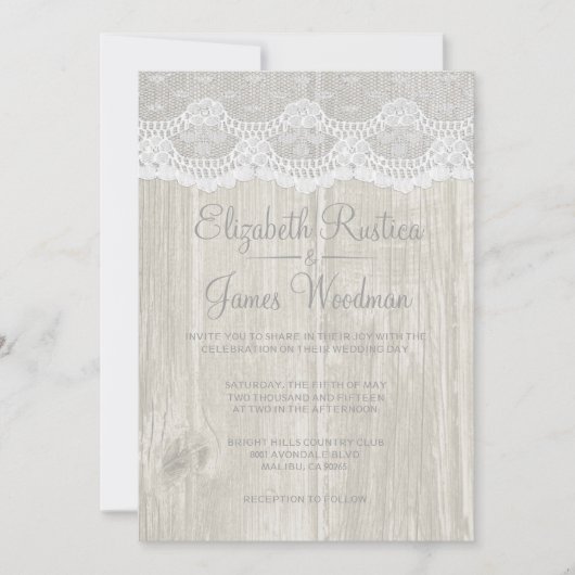 White Rustic Lace & Barn Wood Wedding Invitations Kaart (Voorkant)