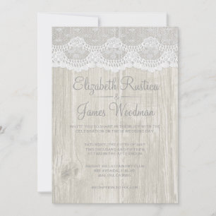 White Rustic Lace & Barn Wood Wedding Invitations Kaart