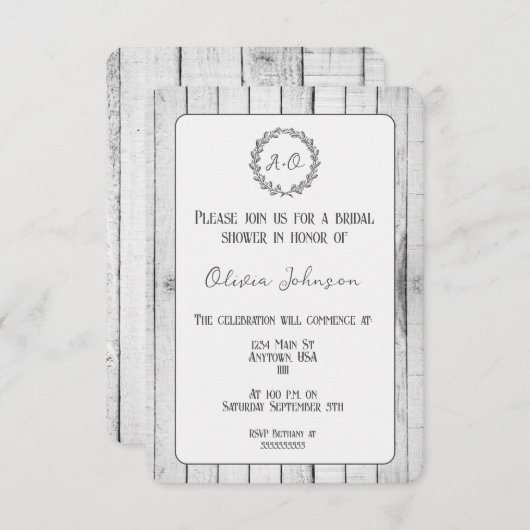 White Rustic Monogramme Invitation à la douche nup (Devant / Derrière)