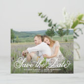 White Rustic Whimsical Script Floral Foto Save The Date (Staand voorkant)