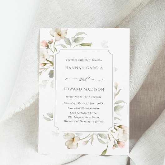White Sage Blush Elegant Floral Wedding Kaart