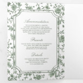 White Sage Green Chinoiserie Crest QR Code Huwelij Drieluik Uitnodiging (Binnenzijde eerst)