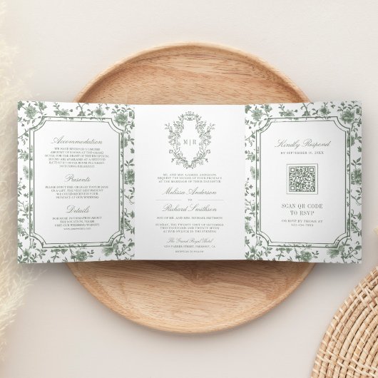White Sage Green Chinoiserie Crest QR Code Huwelij Drieluik Uitnodiging