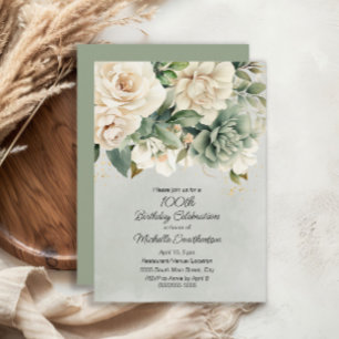 White Sage Green Floral Gold 100e verjaardag Kaart