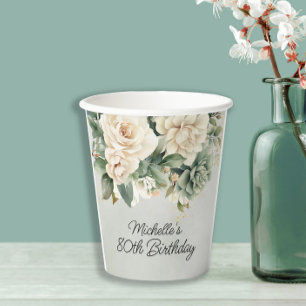White Sage Green Floral Gold 80e verjaardag Papieren Bekers