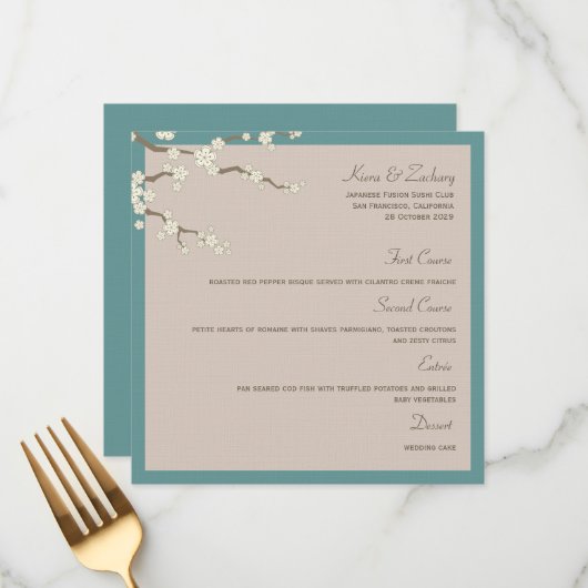 White Sakura Cherry Blossom Modern Asian Wedding Menu (Voorkant / Achterkant in situ)