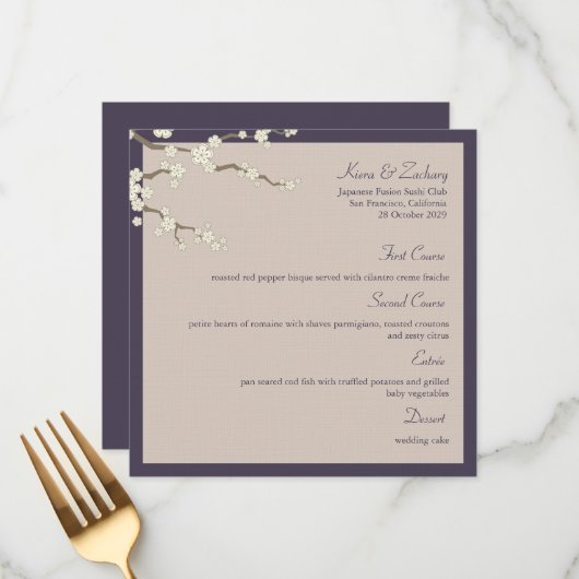 White Sakura Cherry Blossom Modern Asian Wedding Menu (Voorkant / Achterkant in situ)