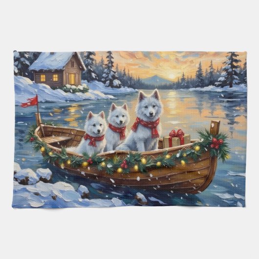 White Samoyed Christmas Boat Holiday Theedoek (Horizontaal)