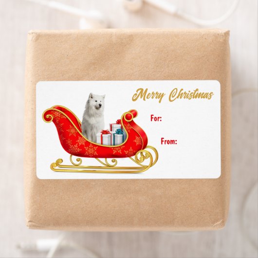 White Samoyed Dog Sleigh Gift Label (Insitu)