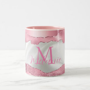 White Satin & Roze Folie Glam Monogram Tweekleurige Koffiemok