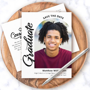 White Save Date Afstuderen Photo Arch Zwart Script Uitnodiging Briefkaart