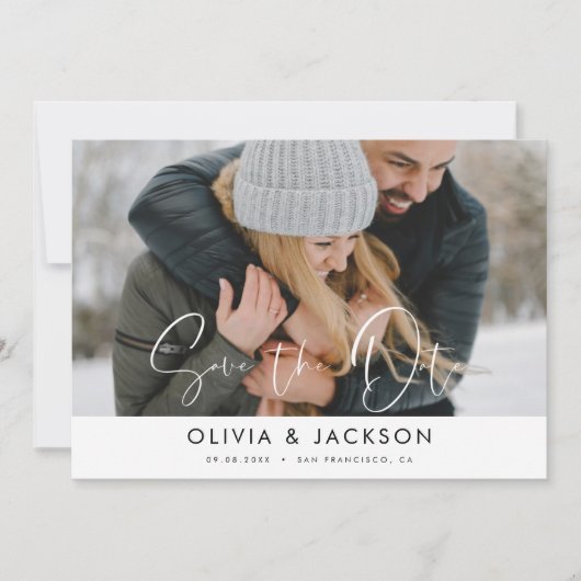 White Save the Date Photo Simple Modern Script (Voorkant)