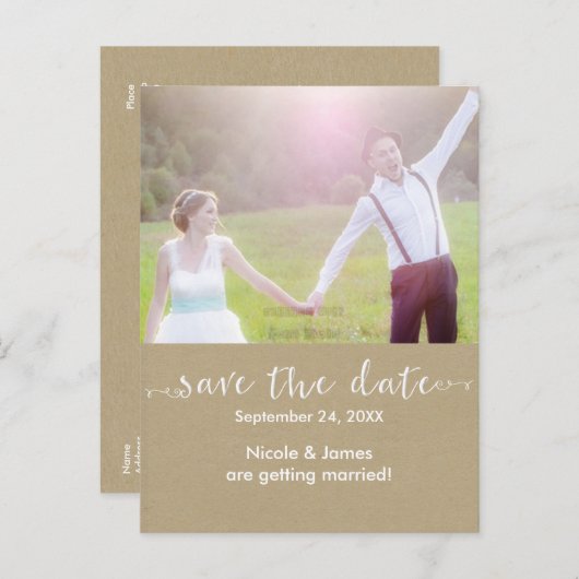 White SAVE the DATE Rustic Photo Wedding Briefkaar Aankondigingskaart (Voorkant / Achterkant)