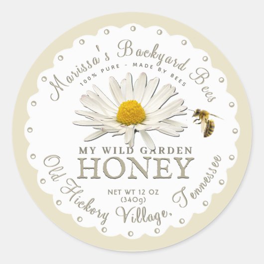White Scallop Backyard Bee Daisy Honey Label (Voorkant)