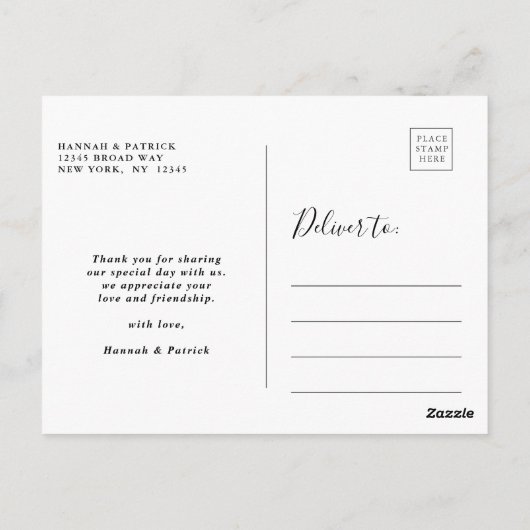 White Script Moderne bruiloft Dank u Foto Briefkaart (Achterkant)