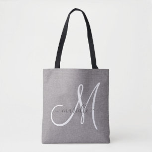 White Script Monogram Grey Linen Draagtas