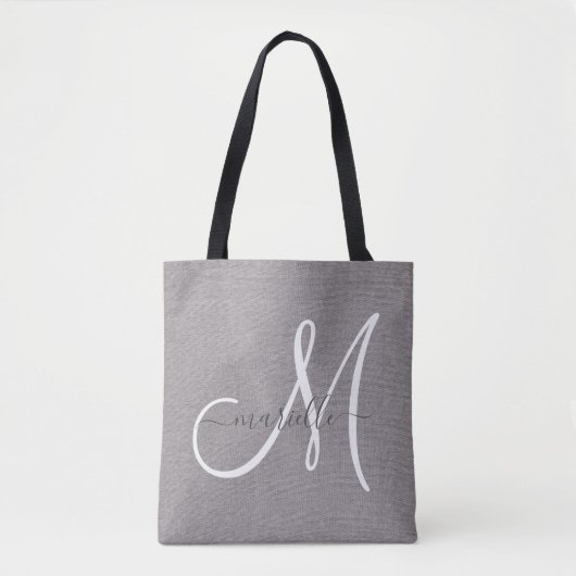 White Script Monogram Grey Linen Draagtas (Voorkant)