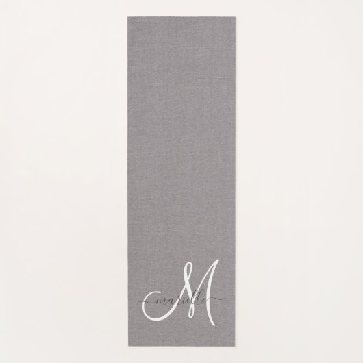 White Script Monogram Grey Linen Yogamat (Voorkant)