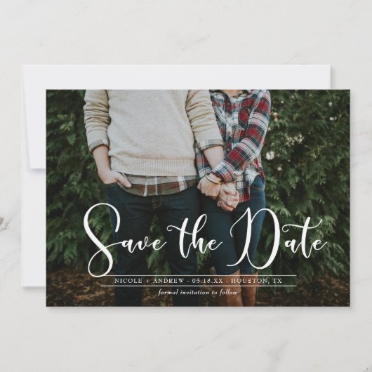 White Script Navy Chevron Foto Save the Date Card (Voorkant)