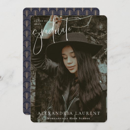 White Scripted Portrait Afstuderen Foto Aankondiging (Voorkant / Achterkant)