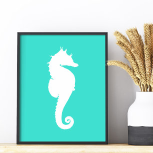 White Seahorse on Turquoise Foto Afdruk
