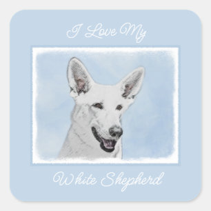 White Shepherd Painting - Cute Original Dog Art Sq Vierkante Sticker