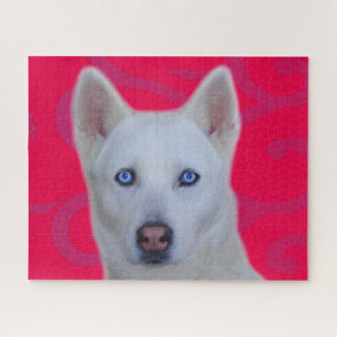 White Siberian Husky Jigzaag Puzzle (Roze BG) Legpuzzel
