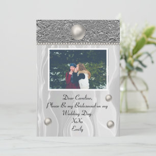 White Silk & Silver Foil met foto van Bridesmaid Kaart