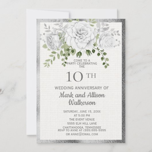 White Silver Floral 10th Wedding Jubileum Kaart (Voorkant)