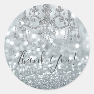 White Silver Glitter Bokeh Glam Chandelier Party Ronde Sticker
