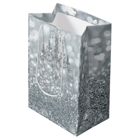 White Silver Glitter Bokeh Glam Chandelier Sparkle Medium Cadeauzakje (Voorkant Gekanteld)