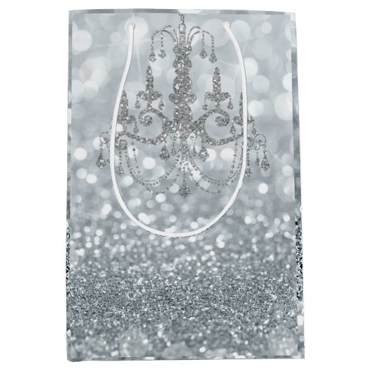 White Silver Glitter Bokeh Glam Chandelier Sparkle Medium Cadeauzakje (Voorkant)