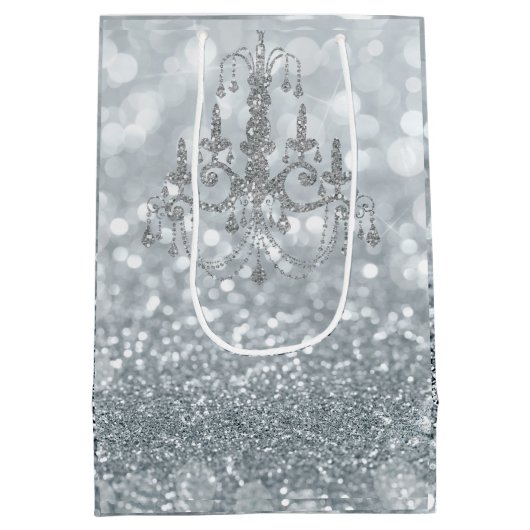 White Silver Glitter Bokeh Glam Chandelier Sparkle Medium Cadeauzakje (Achterkant)