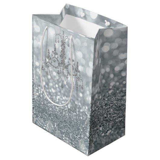 White Silver Glitter Bokeh Glam Chandelier Sparkle Medium Cadeauzakje (Achterkant Gekanteld)