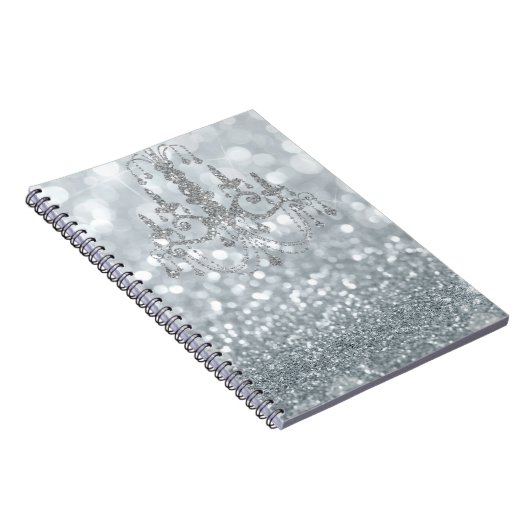 White Silver Glitter Bokeh Glam Chandelier Sparkle Notitieboek (Rechterzijde)
