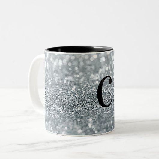 White Silver Glitter Bokeh Glam Trendy Sparkle Tweekleurige Koffiemok (Voorkant links)