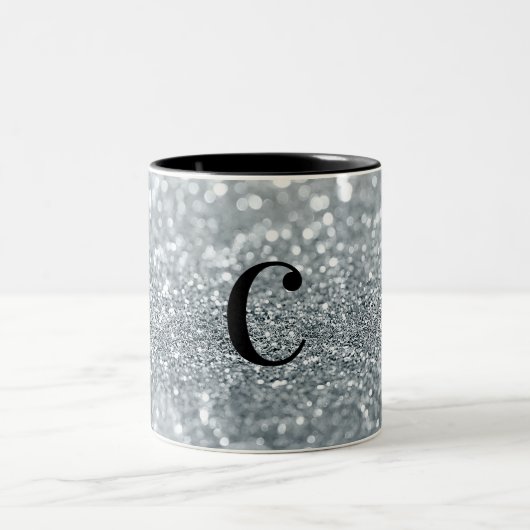 White Silver Glitter Bokeh Glam Trendy Sparkle Tweekleurige Koffiemok (Center)