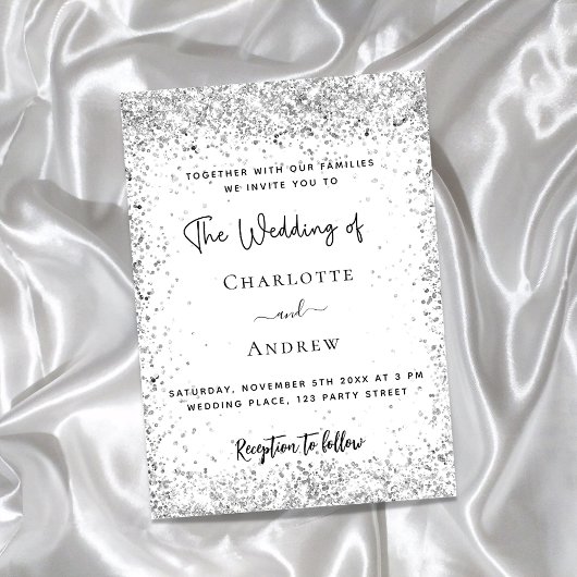 White Silver Glitter script luxe bruiloft Kaart