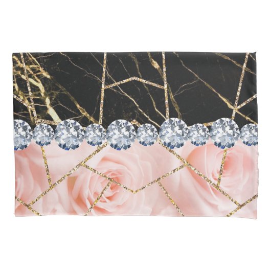 White Silver Marble Roos Black Glitter Throw Pill Kussensloop (Voorkant)