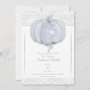 White Silver Pumpkin Storybook Hearts Fall Wedding Kaart