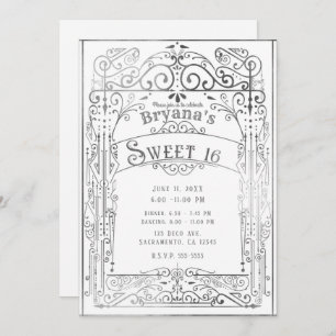 White & Silver Victoriaans Deco Sweet 16 Kaart