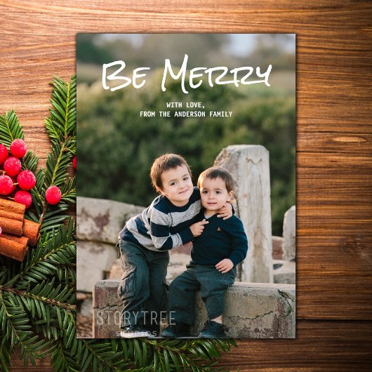 White Simple Script Be Merry Photo Flat Kaart