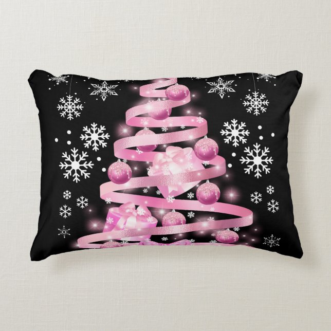 White Snowflake Light Roze Kerstaboom met lint Accent Kussen (Voorkant)