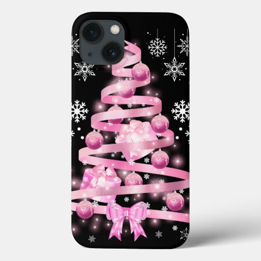 White Snowflake Light Roze Kerstaboom met lint Case-Mate iPhone Case (Achterkant)